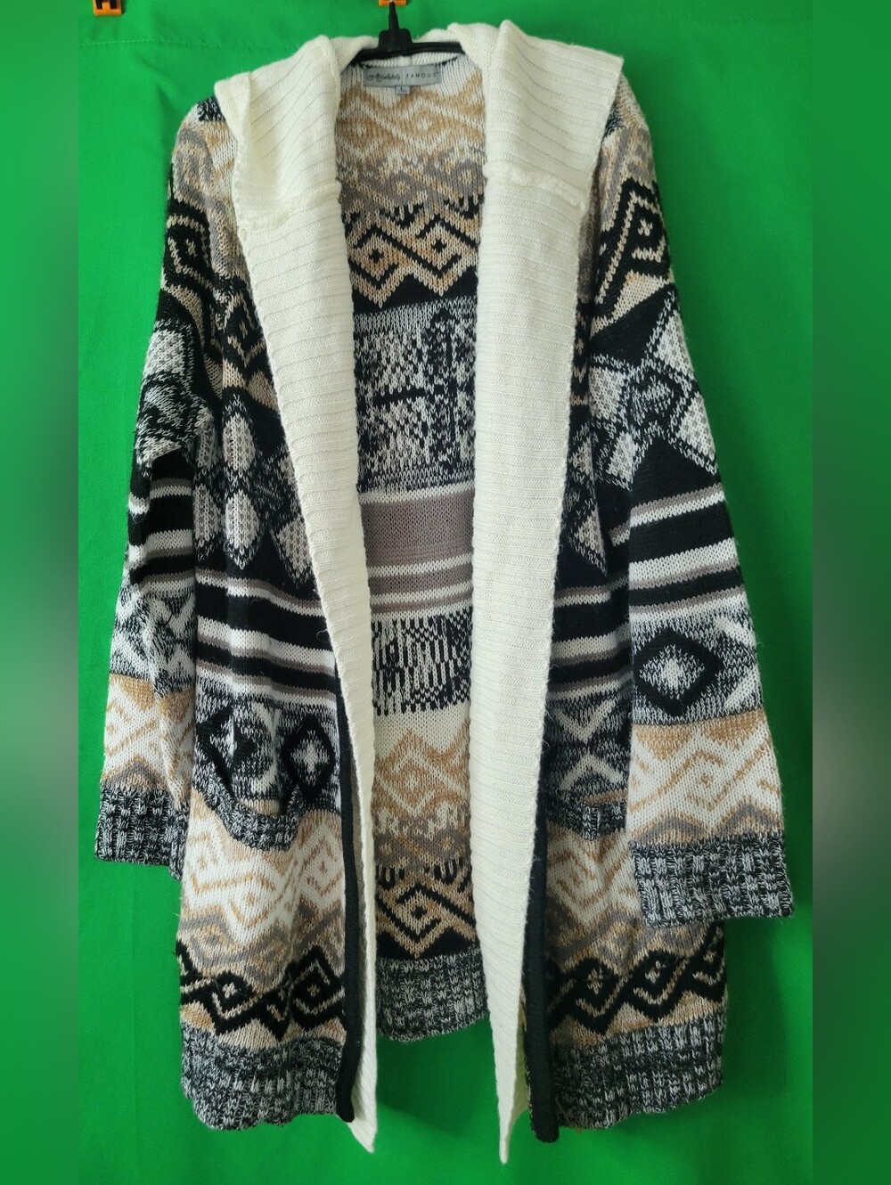 Absolutely Famous Black Cream Tan Open-Front Geometric Cardigan Hoodie Sz Large